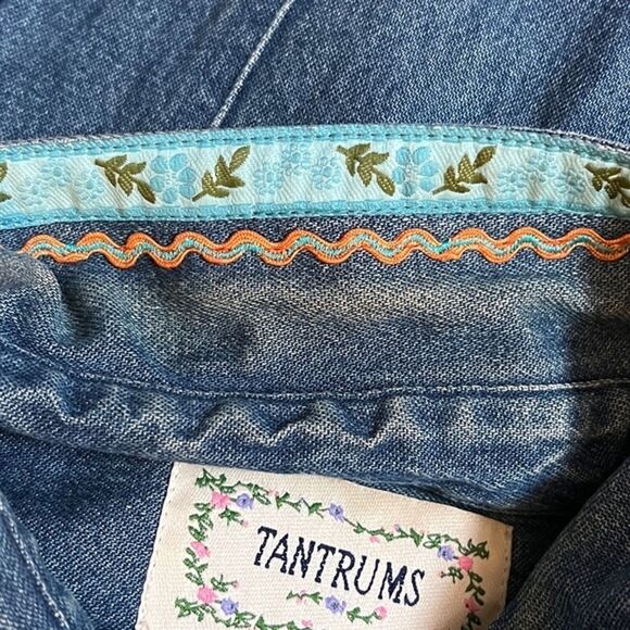 Tantrums Shirt Womens Medium Blue Denim Multicolored Rick-Rack & Ribbon Bohemian - Picture 6 of 7